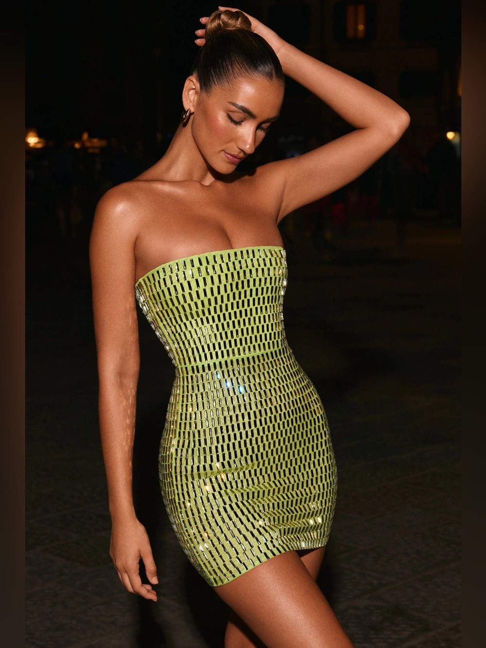 Oh Polly Aurora Embellished Bandeau Mini Dress in Pear Green Disco Ball